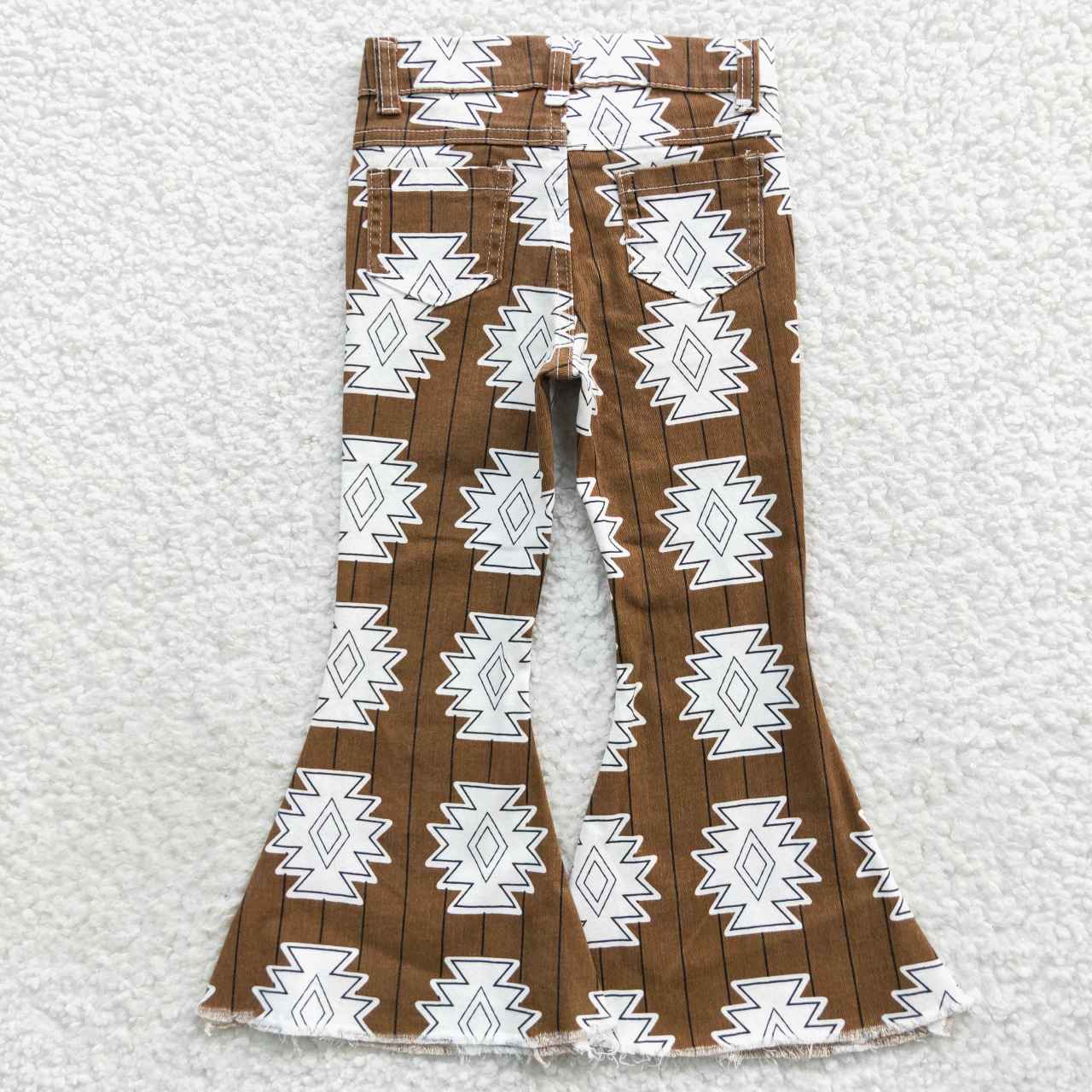 P0228 Brown Western Girls Bell Bottom Denim Jeans