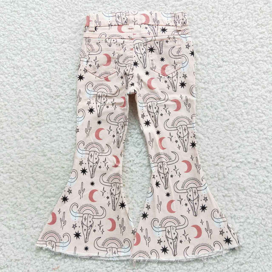P0226 Pink Highland Cow Western Girls Bell Bottom Denim Jeans