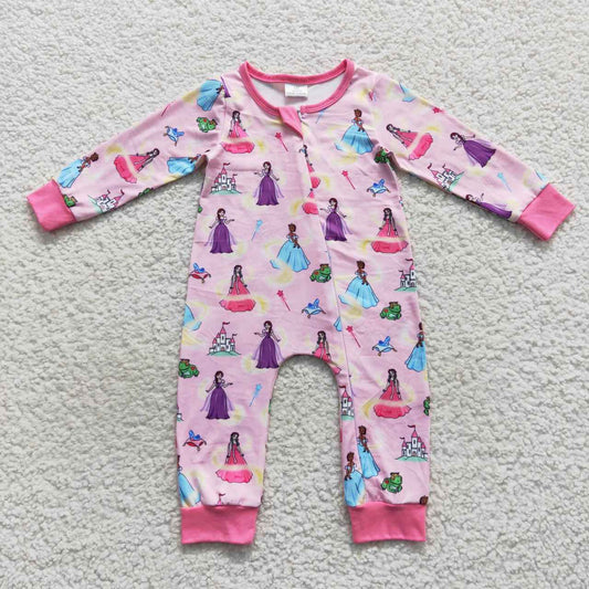 LR0468 Pink Princess Cartoon Zipper Girls Long Sleeve Romper