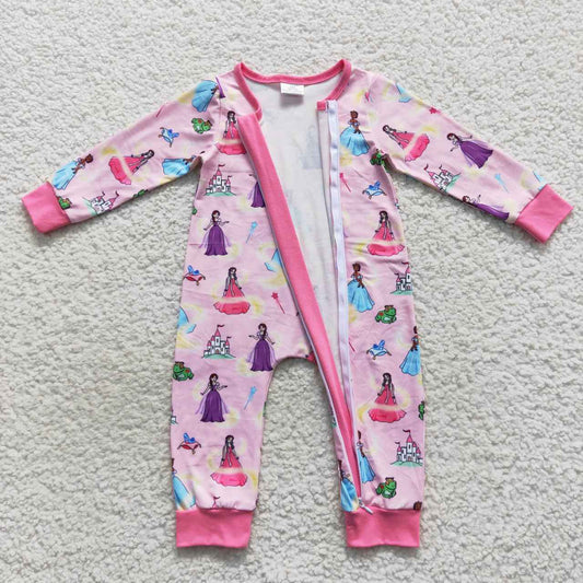 LR0468 Pink Princess Cartoon Zipper Girls Long Sleeve Romper