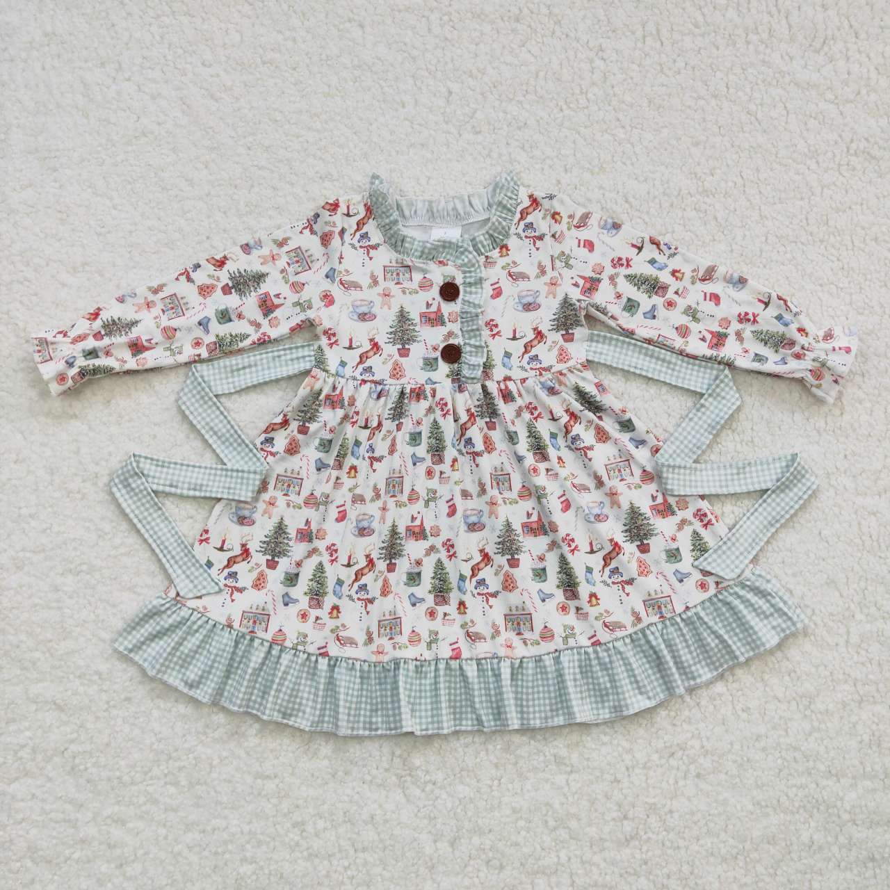 GLD0325 Christmas Green Red Tree Belt Girls Long Sleeve Dresses