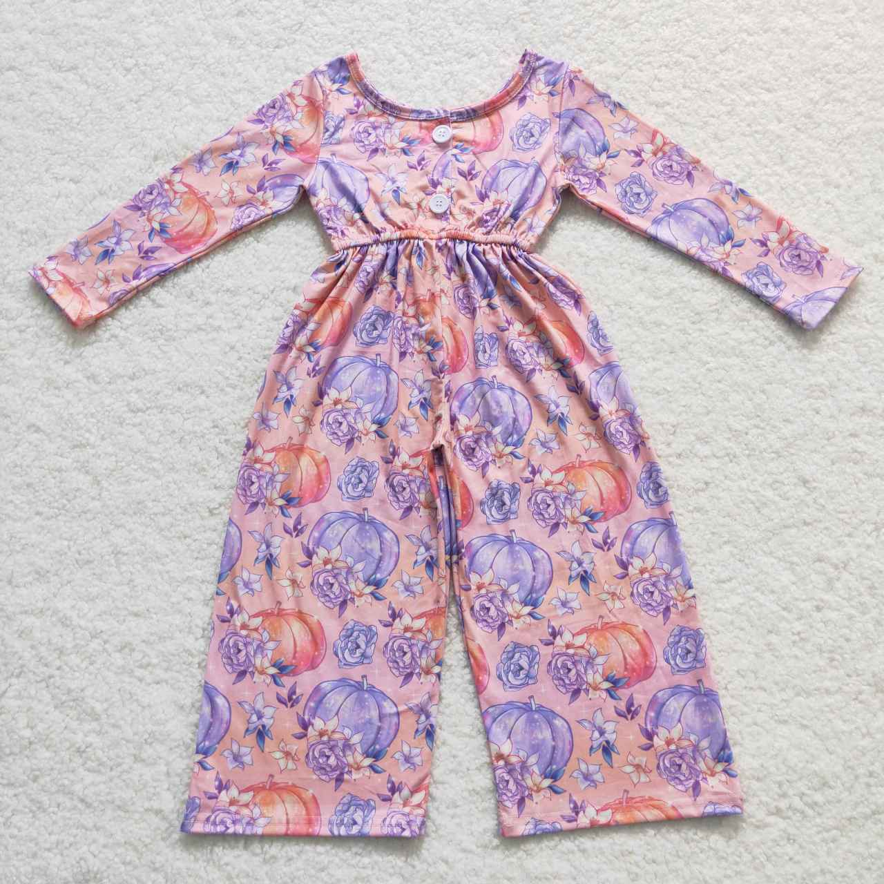 SR0382 Halloween Pumpkin Pink Purple Girls Long Sleeve Jumpsuit Overall Pants