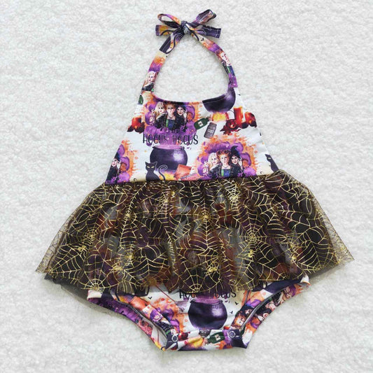 SR0426 Halloween Purple Witch Cartoon Tutu Tulle Girls Short Sleeve Romper
