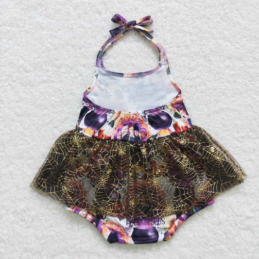 SR0426 Halloween Purple Witch Cartoon Tutu Tulle Girls Short Sleeve Romper