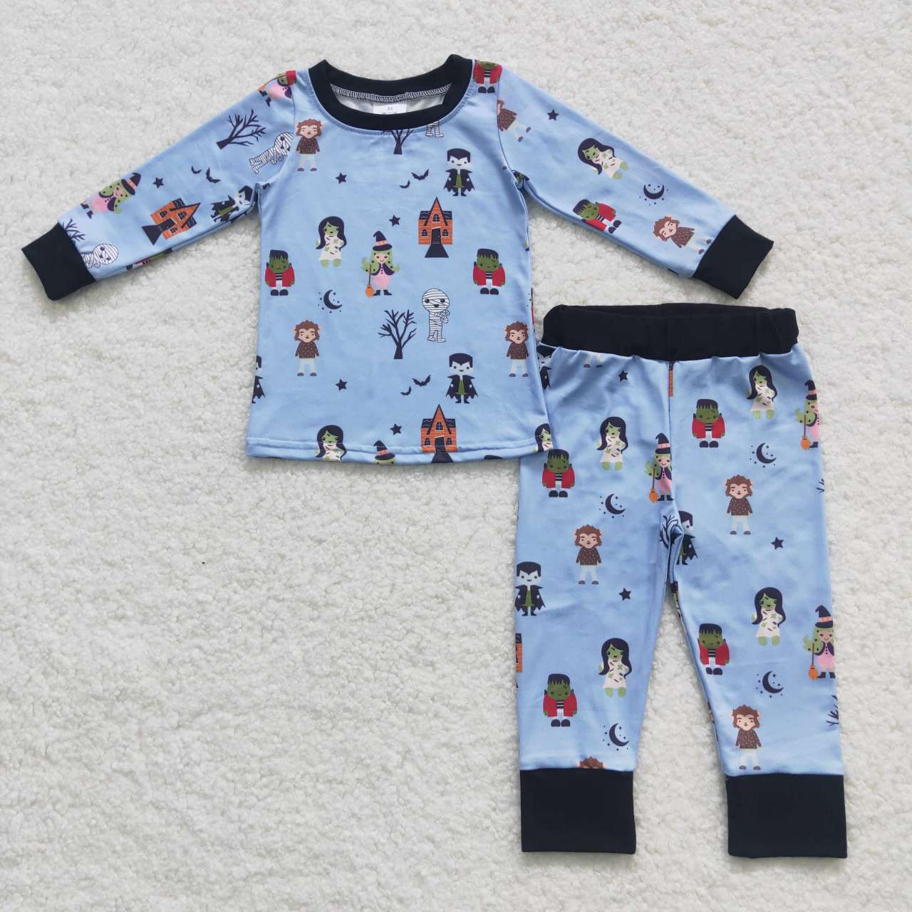 BLP0277 Halloween Blue Cartoon Boys Long Sleeve Bell Bottom Pants Outfits Pajamas