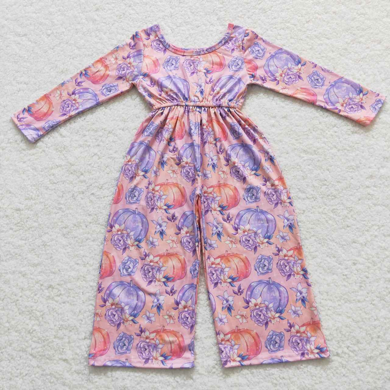 SR0382 Halloween Pumpkin Pink Purple Girls Long Sleeve Jumpsuit Overall Pants