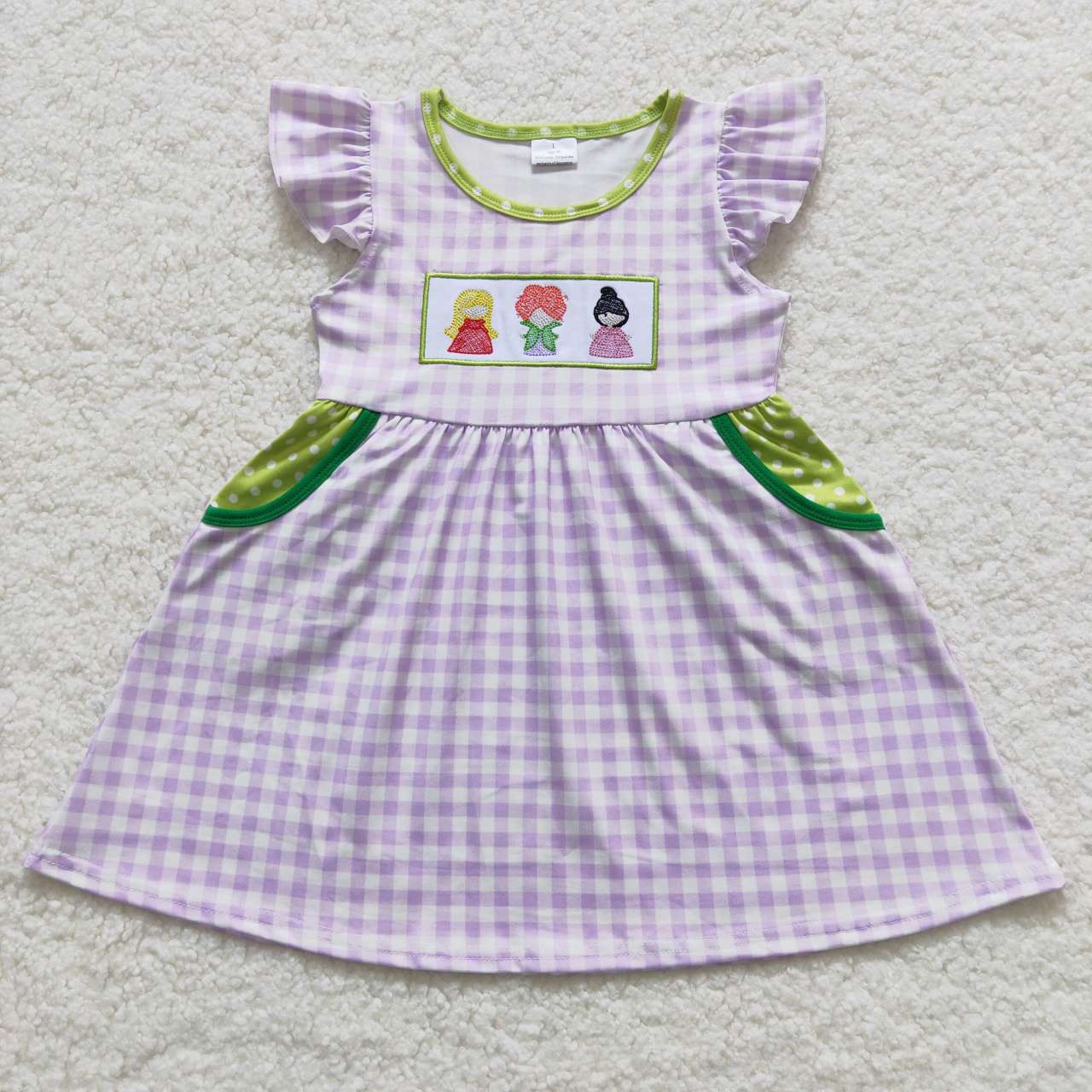 GSD0451 Halloween Witch Cartoon Purple Embroidery Girls Flutter Sleeve Dresses
