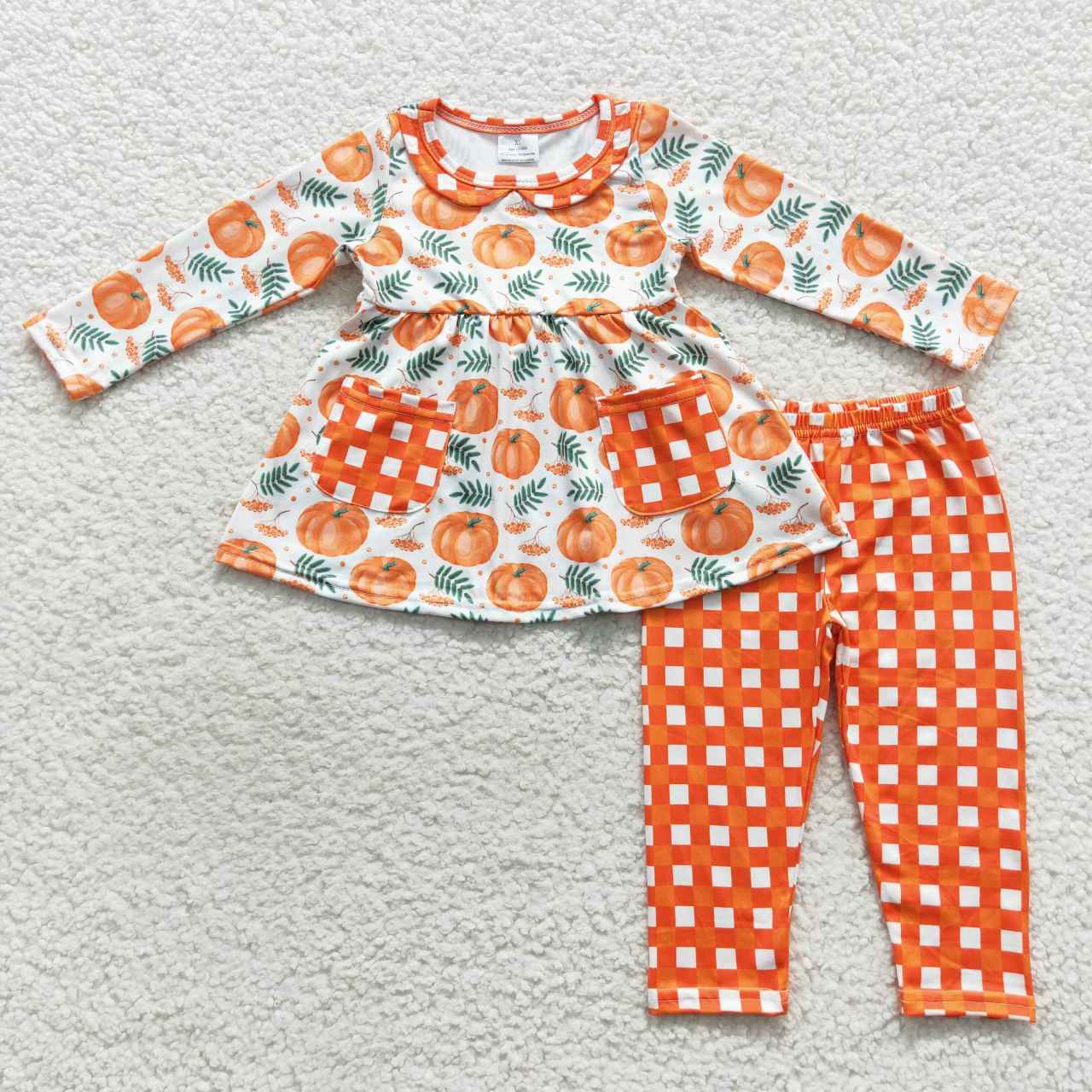 GLP0640 Halloween Orange Pumpkin Pocket Tunic Girls Long Sleeve Pants Outfits