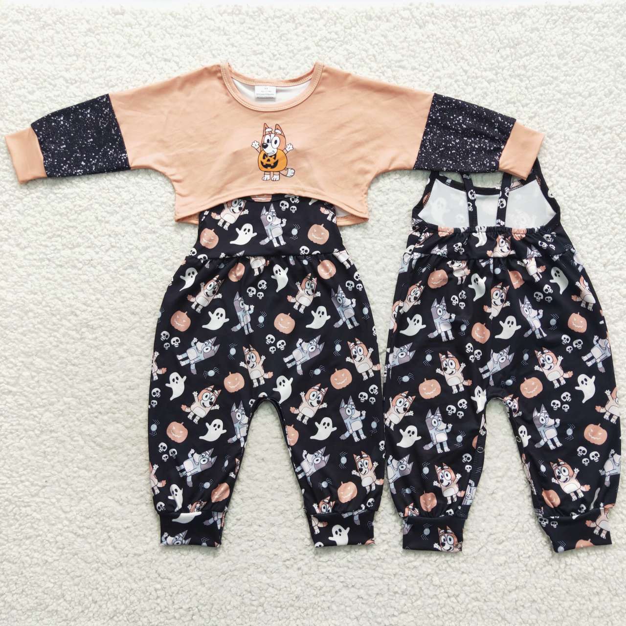 GLP0678 Halloween Pumpkin Orange Blue Dog Cartoon Jumpsuit Overall Girls Long Sleeve Bell Bottom Pants Outfits