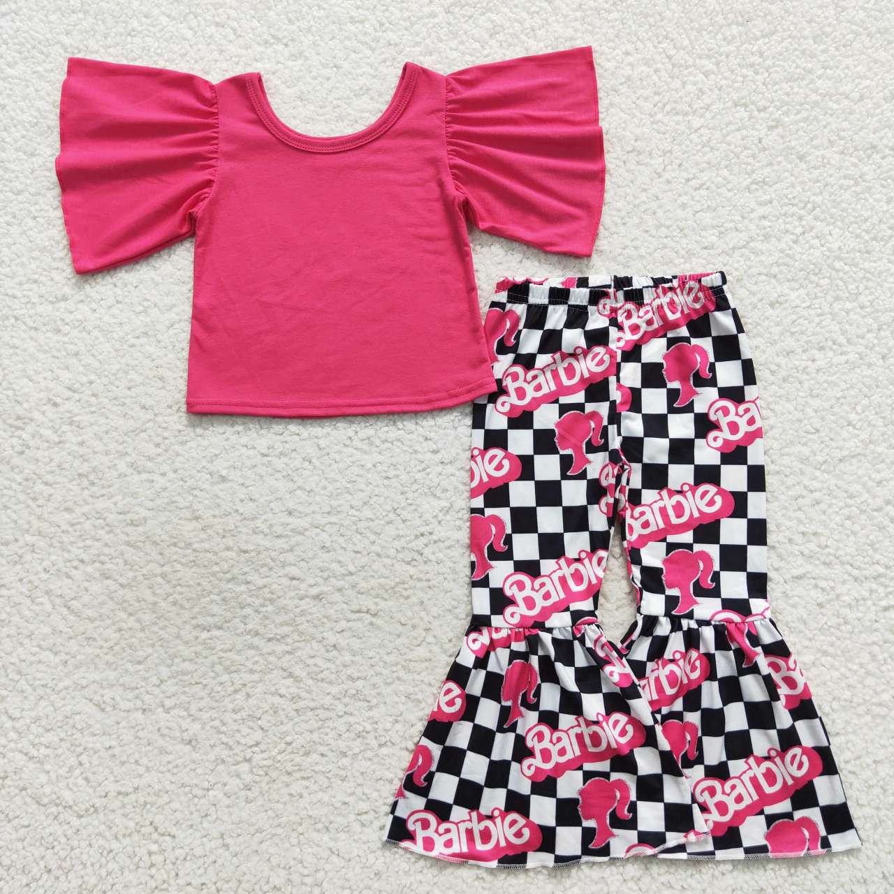 GSPO0809 Pink B Cartoon Girls Short Sleeve Bell Bottom Pants Outfits