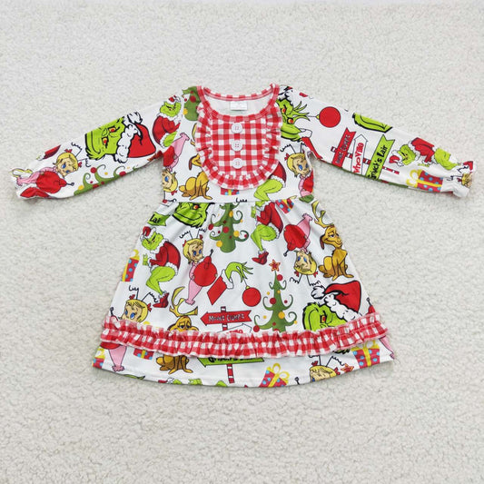 GLD0297 Christmas Green Cartoon Red Girls Long Sleeve Dresses