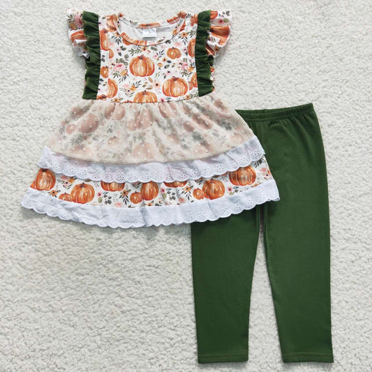 GSPO0810 Halloween Pumpkin Orange Green Girls Short Sleeve Bell Bottom Pants Outfits