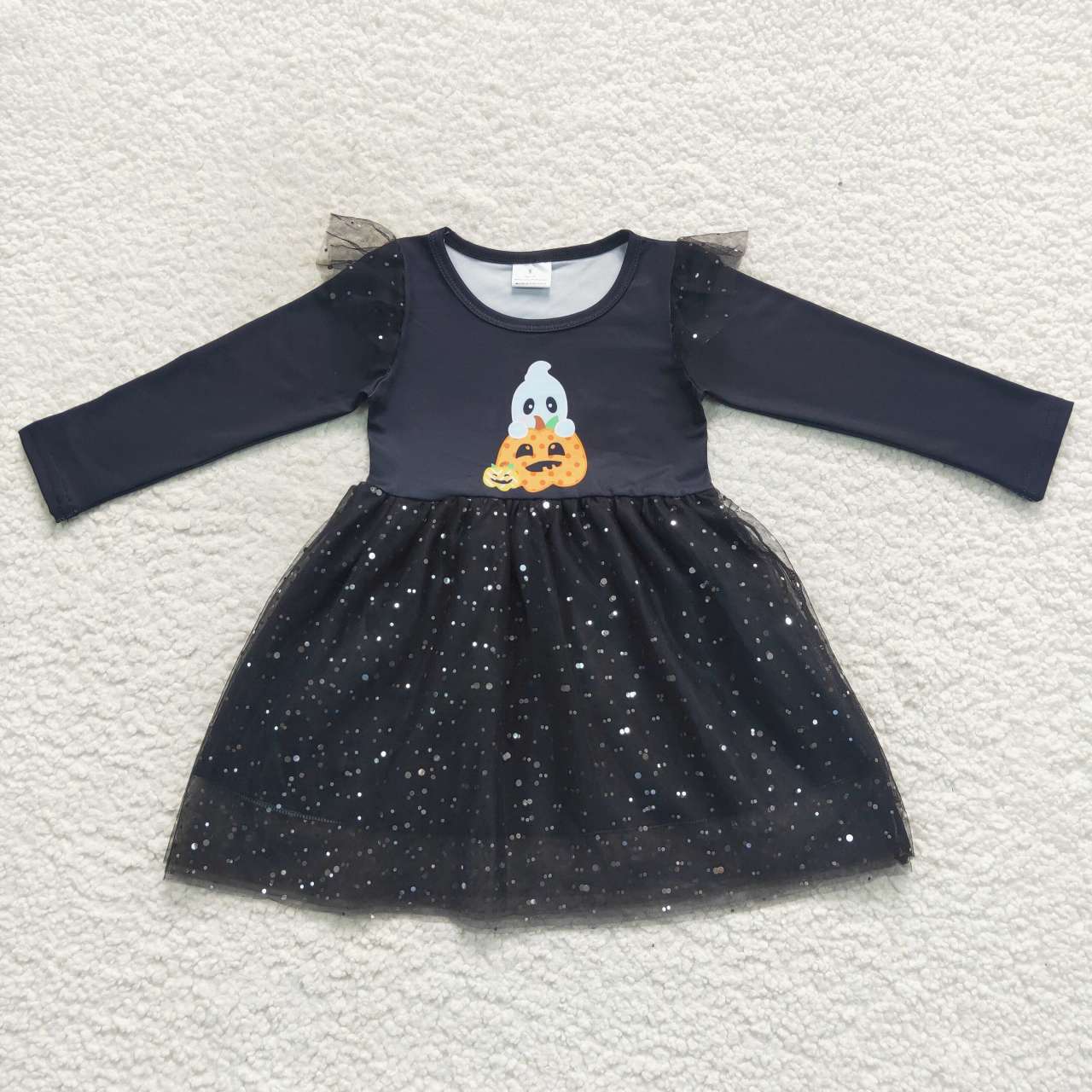 GLD0224 Halloween Pumpkin Ghost Black Tulle Tutu Girls Long Sleeve Dresses