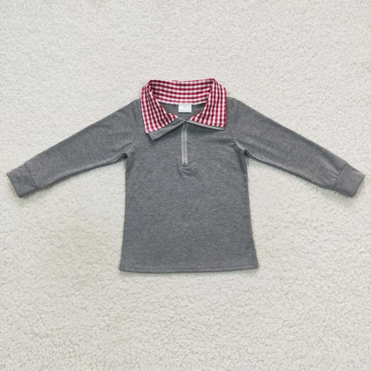 BT0282 Grey Red Plaid Winter Boys Long Sleeve Top Collar T-Shirts