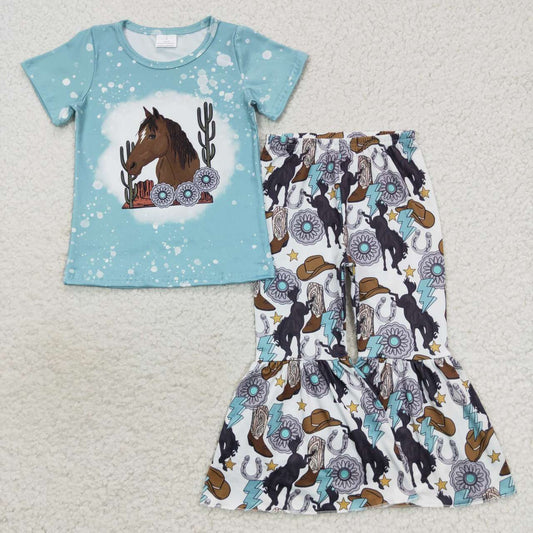 GSPO0831 Blue Horse Western Girls Short Sleeve Bell Bottom Pants Outfits