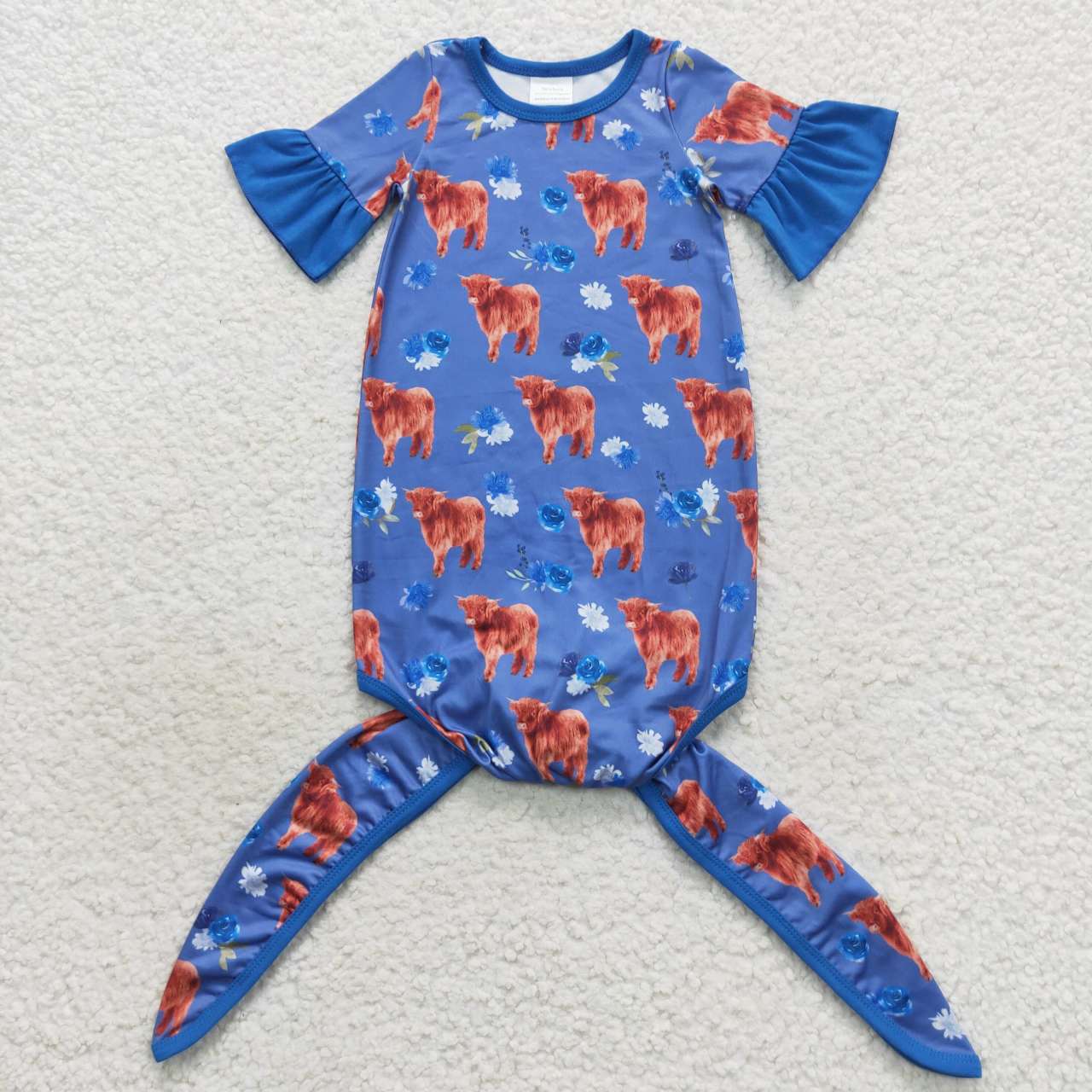 NB0019 Blue Highland Cow Girls Short Sleeve Newborn Night Robe