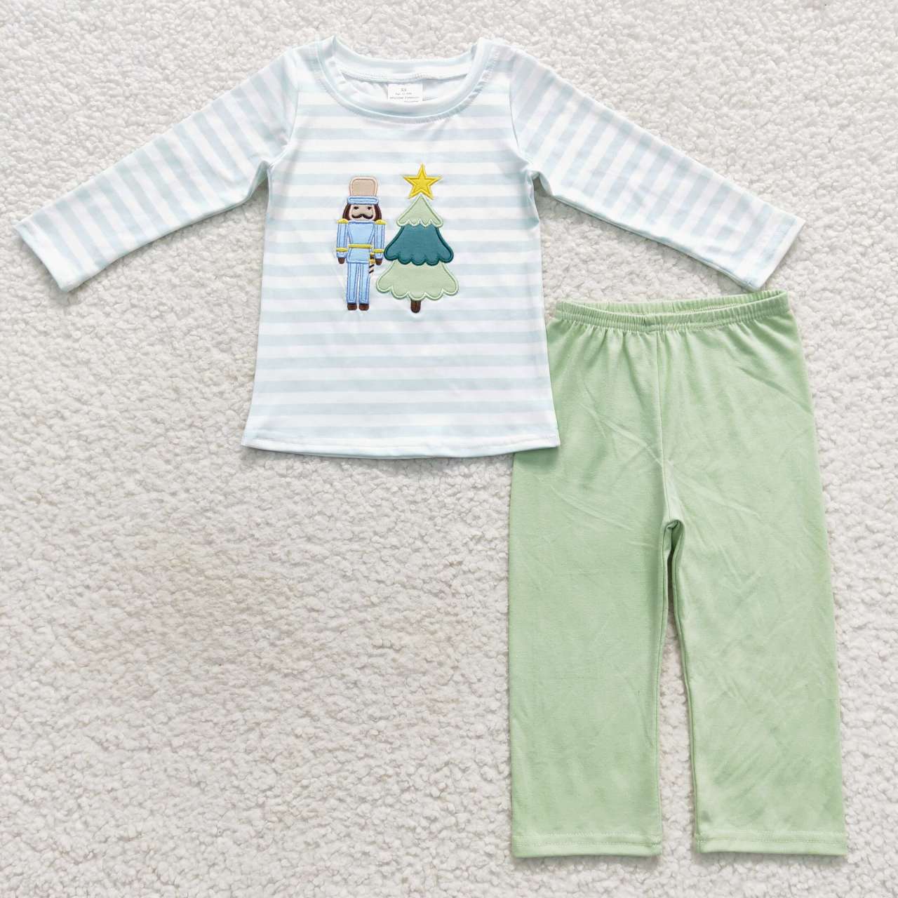 BLP0240 Christmas Green Tree Embroidery Boys Long Sleeve Pants Outfits