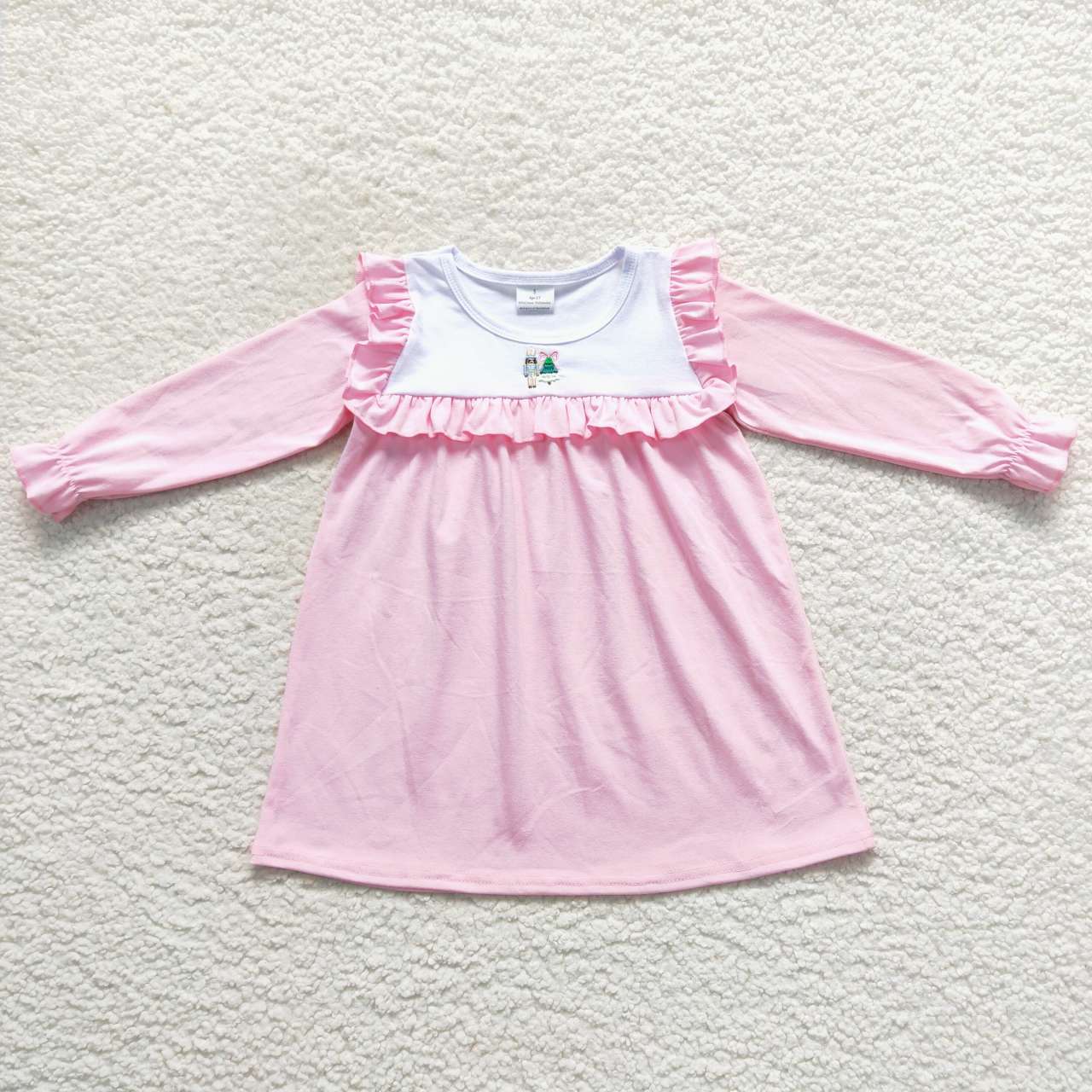 GLD0274 Christmas Pink Tree Embroidery Girls Long Sleeve Dresses