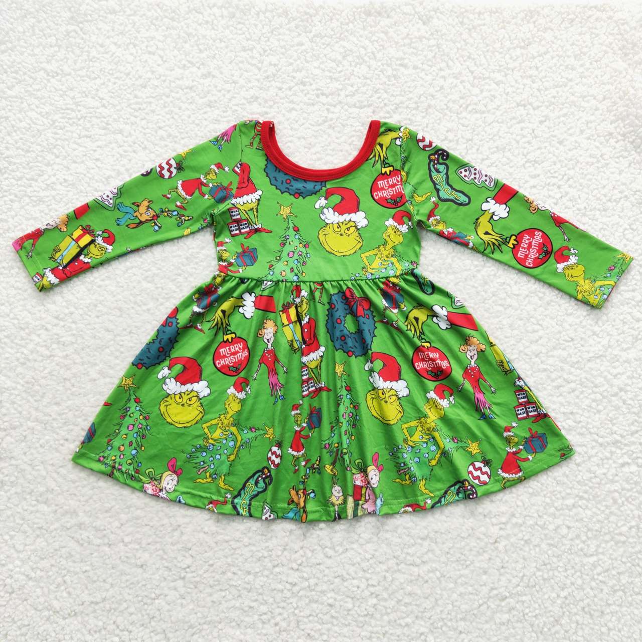 GLD0345 Christmas Red Green Cartoon Girls Long Sleeve Dresses