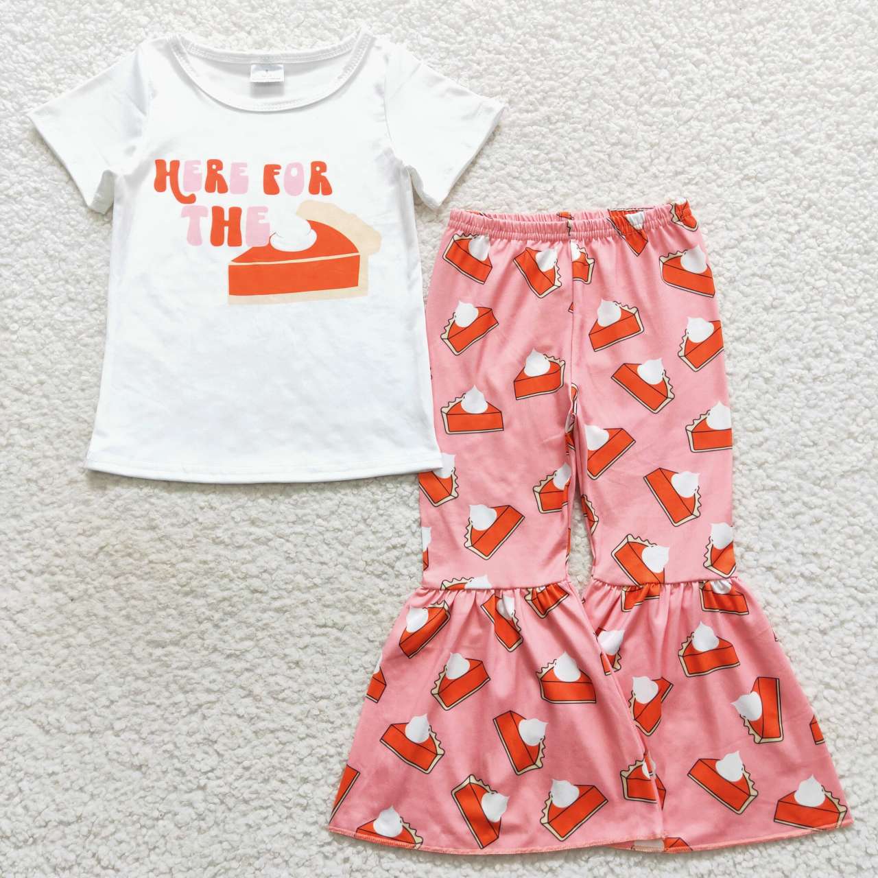 GSPO0818 Halloween Pumpkin Here For The Pie Cake Pink Girls Short Sleeve Bell Bottom Pants Outfits