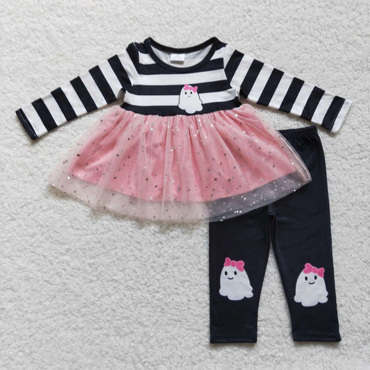 GLP0651 Halloween Ghost Pink Tutu Tulle Girls Long Sleeve Pants Outfits