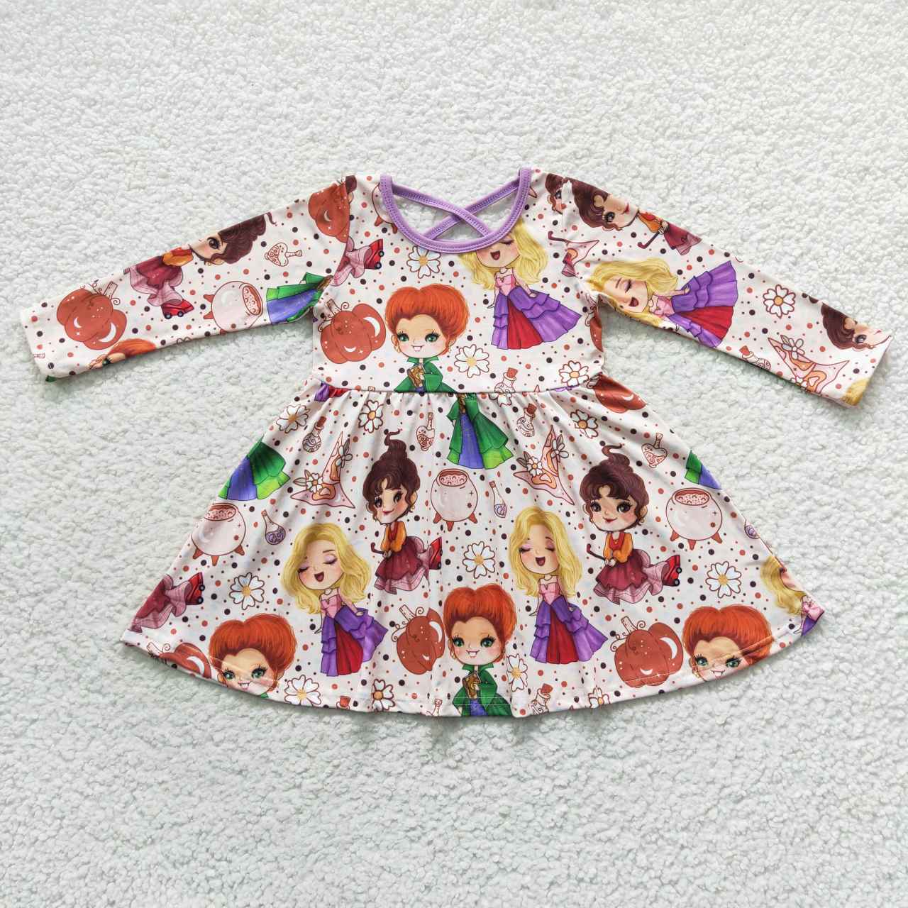 GLD0353 Halloween Witch Purple Girls Long Sleeve Dresses