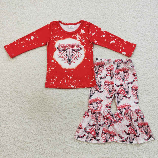 GLP0746 Howdy Christmas Red Cow Girls Long Sleeve Pants Outfits