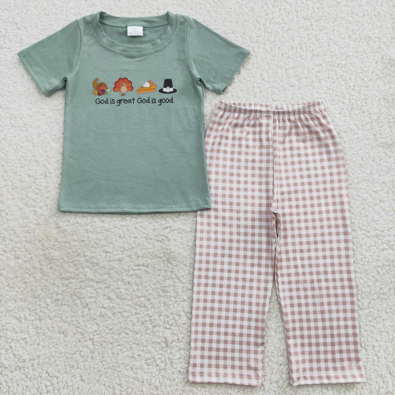 BSPO0163 Thanksgiving Turkey Green God IS GREAT Pockets Boys Short Sleeve Pants Outfits RTS Free Shipping Over 2KG