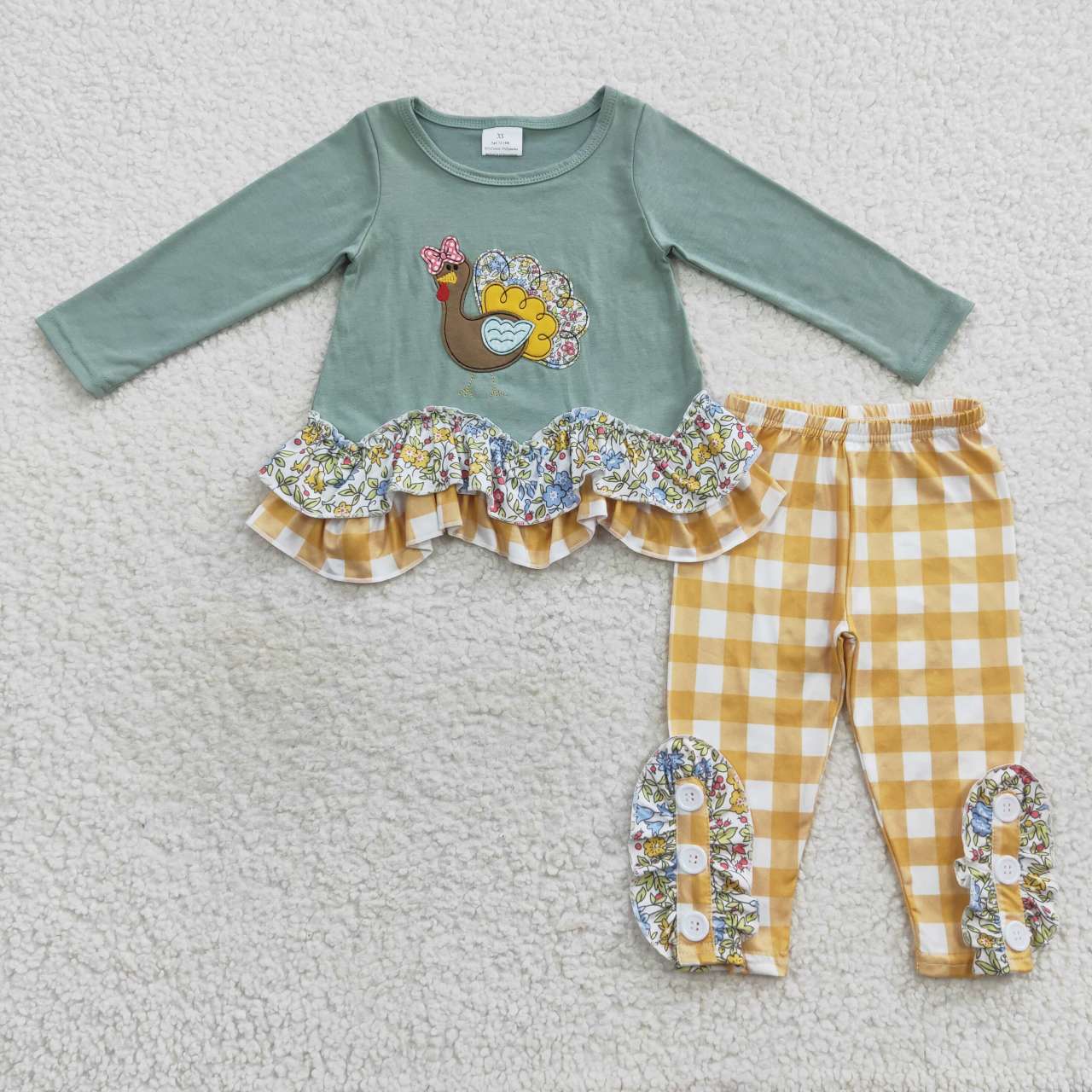 GLP0442 Thanksgiving Turkey Green Orange Embroidery Tunic Girls Long Sleeve Pants Outfits