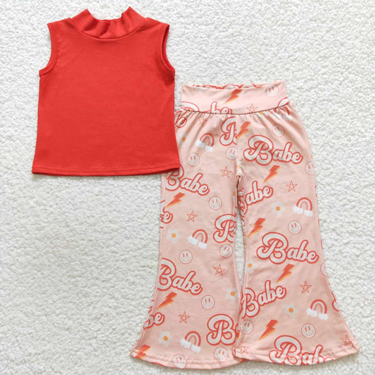 GSPO0636 Orange Pink Babe Girls Short Sleeve Bell Bottom Pants Outfits