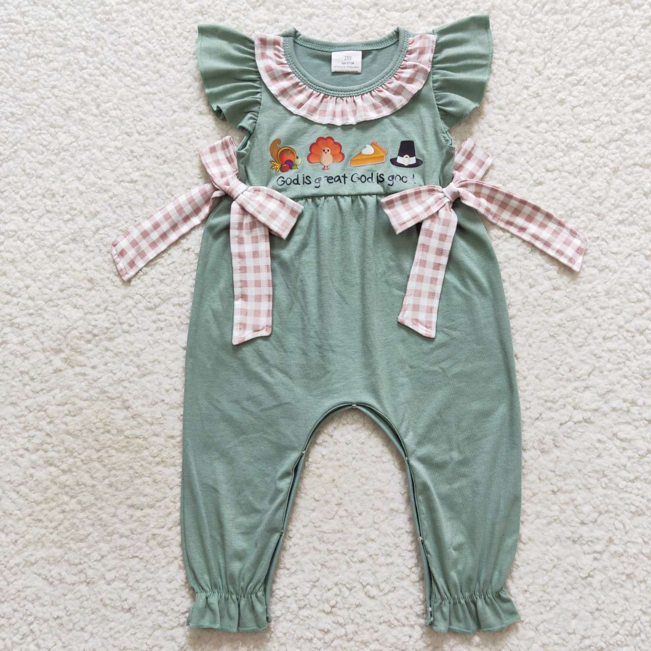 SR0438 Turkey Thanksgiving Green Girls Short Sleeve Romper