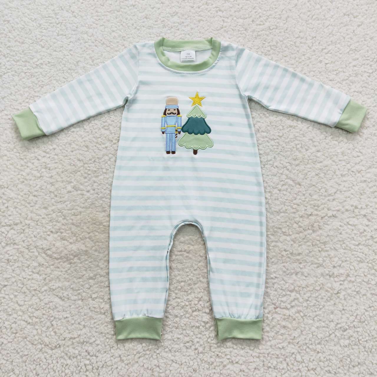 LR0479 Christmas Green Tree Embroidery Girls Long Sleeve Romper RTS Free Shipping Over 2KG