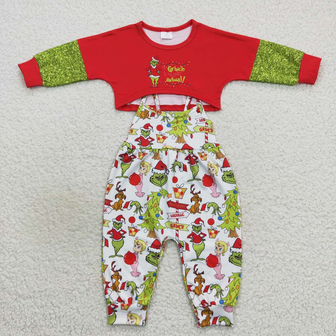 GLP0687 Christmas Red Green Cartoon Jumpsuit Overall Girls Long Sleeve Bell Bottom Pants Outfits
