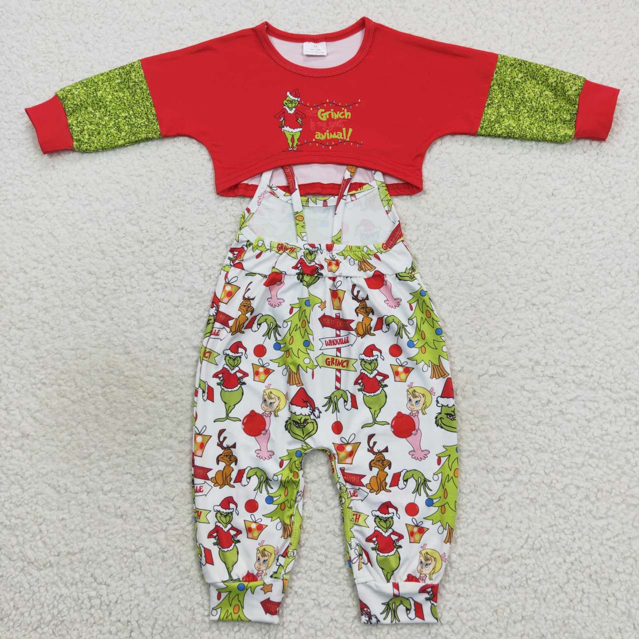 GLP0687 Christmas Red Green Cartoon Jumpsuit Overall Girls Long Sleeve Bell Bottom Pants Outfits