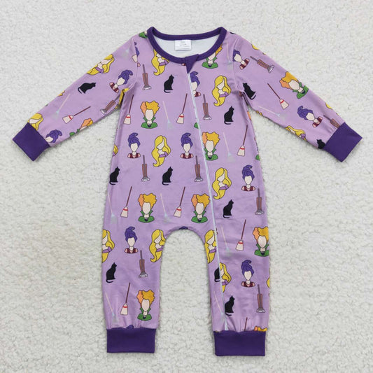 LR0514 Halloween Purple Witch Cartoon Zipper Girls Long Sleeve Romper