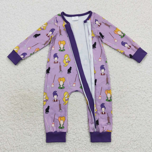 LR0514 Halloween Purple Witch Cartoon Zipper Girls Long Sleeve Romper