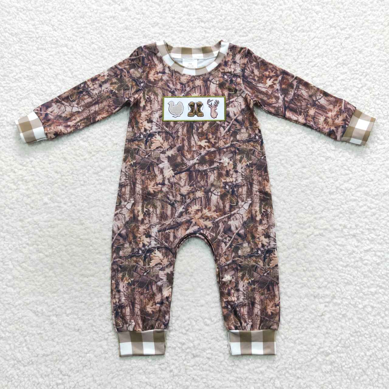 LR0527 Christmas Green Camo Deer Cartoon Embroidery Boys Long Sleeve Romper
