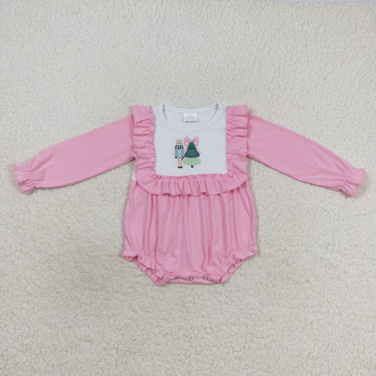 LR0480 Christmas Pink Tree Embroidery Girls Long Sleeve Romper