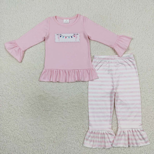 GLP0694 Christmas Pink Lamp Embroidery Girls Long Sleeve Pants Outfits
