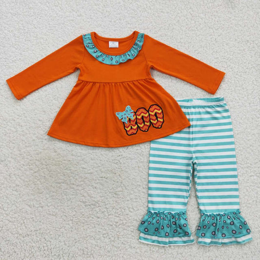 GLP0721 Halloween Green Orange Boo Embroidery Girls Long Sleeve Pants Outfits