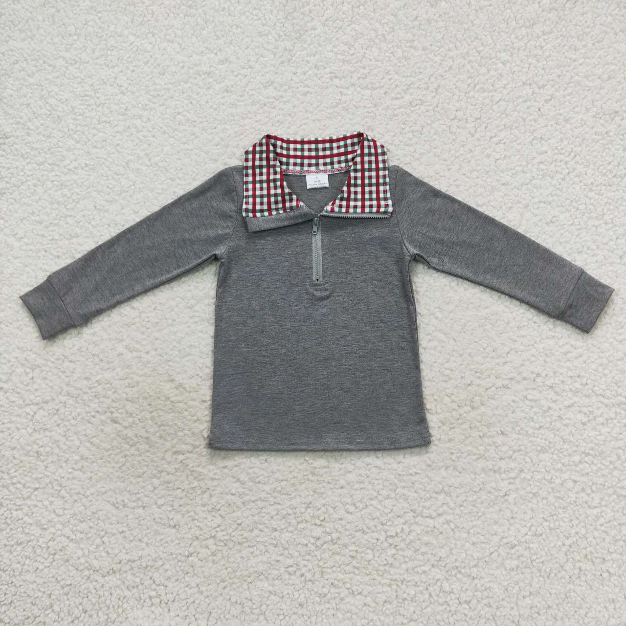 BT0283 Grey Red Plaid Winter Boys Long Sleeve Top Collar T-Shirts