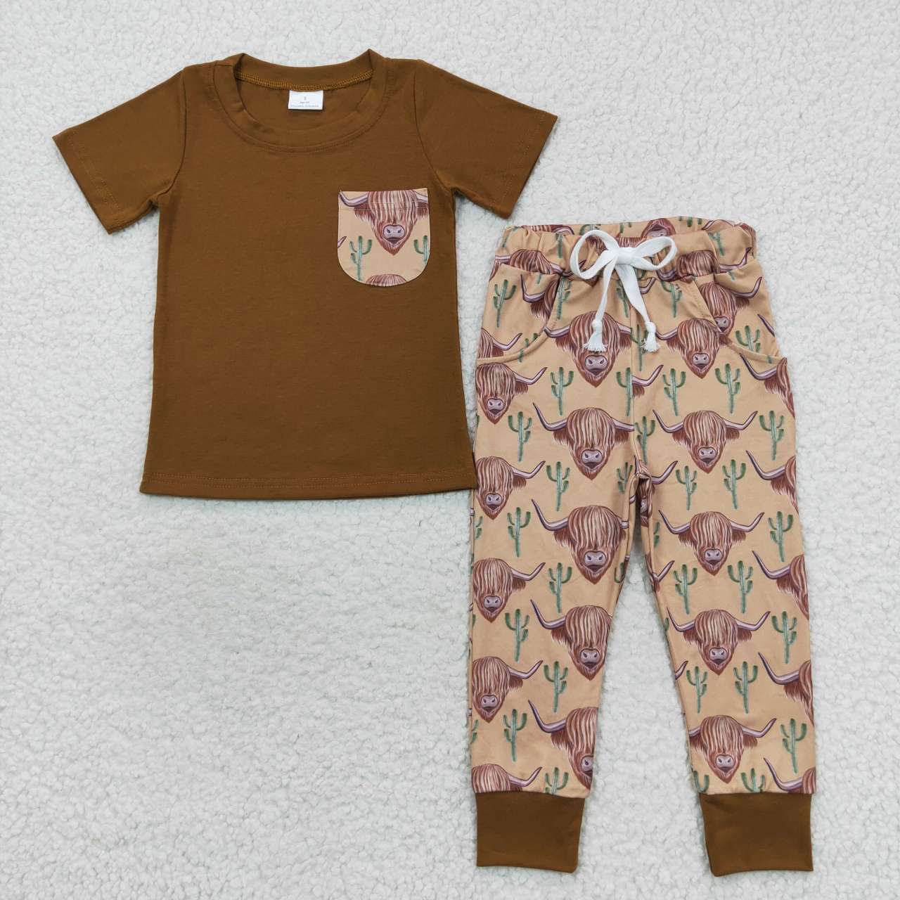 BSPO0158 Brown Highland Cow Boys Short Sleeve Pants Outfits