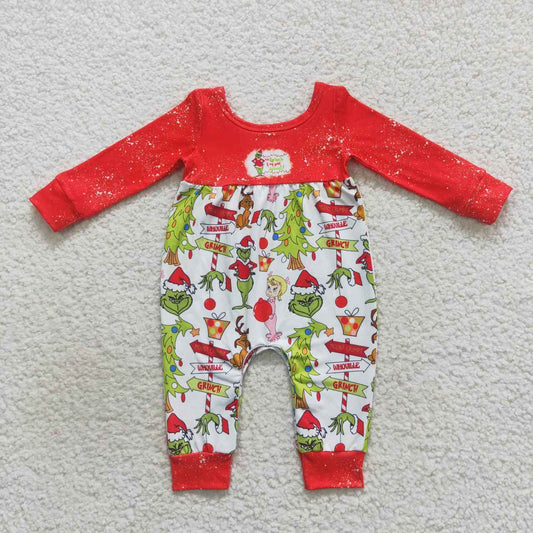 LR0625 Christmas Red Green Cartoon Girls Long Sleeve Romper