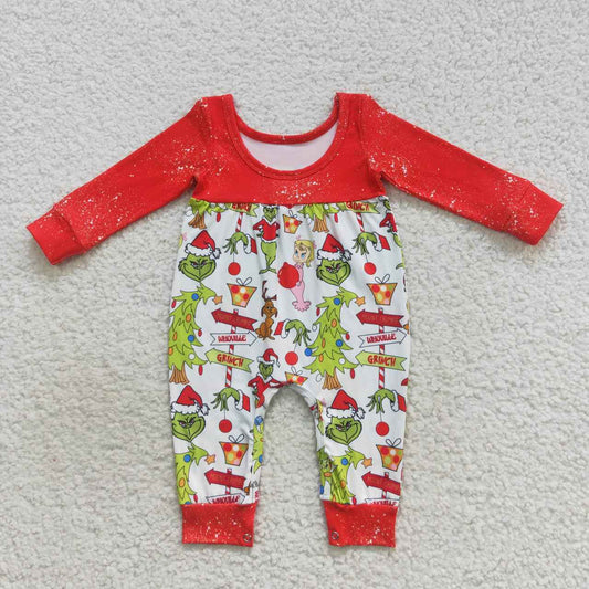 LR0625 Christmas Red Green Cartoon Girls Long Sleeve Romper