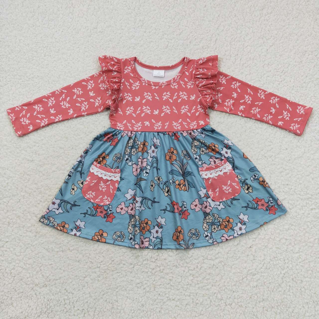 GLD0338 Red Blue Floral Pocket Girls Long Sleeve Dresses