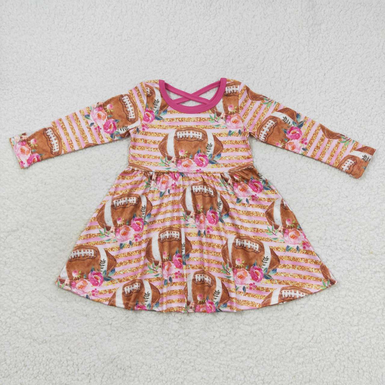 GLD0326 Floral Pink Football Girls Long Sleeve Dresses