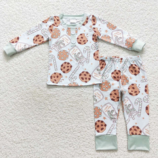 BLP0314   Christmas  Green Cookies Milk  Boys Long Sleeve Pants Outfits Pajamas