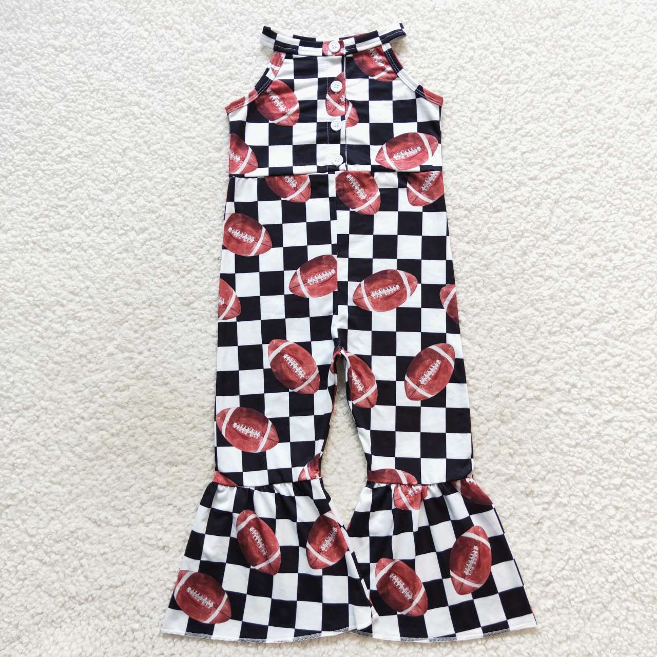 SR0445 Black Plaid Football Girls Sleeveless Jumpsuit