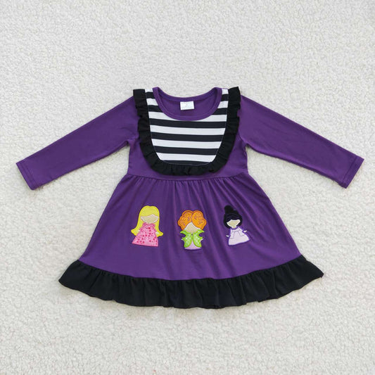 GLD0365 Halloween Purple Witch Cartoon Embroidery Girls Long Sleeve Dresses