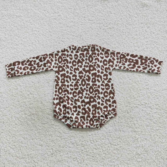 LR0575 Pink B Cartoon Leopard Girls Long Sleeve Romper